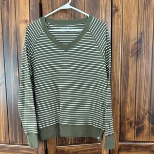 Eddie Bauer Women's V-Neck Sweater in Olive and White Stripes